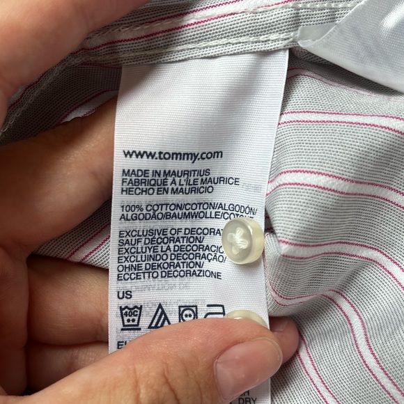 Classic button-down shirt. Gray with pink stripes. New. - Picture 8 of 9